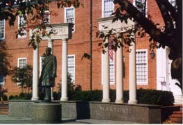 [photo, Thurgood Marshall statue at Legislative Services Building entrance, Lawyers Mall, Annapolis, Maryland]